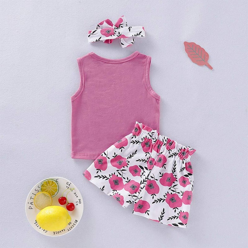 Hipea Toddler Girl Outfits Flower Tops Sleeveless Vest Shorts Headband Summer Clothes Set(5-6T) - Image 4